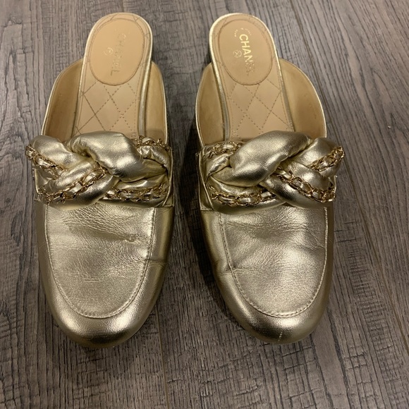 CHANEL Shoes - Chanel Metallic gold Leather Braided Chain Mule